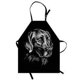 ABAKUHAUS Labrador Apron, Artsy Sketch Portrait of Retriever Puppy with Calm Face Best Friend Pattern, Unisex Kitchen Bib Apron with Adjustable Neck for Cooking Baking Gardening, Black and Grey
