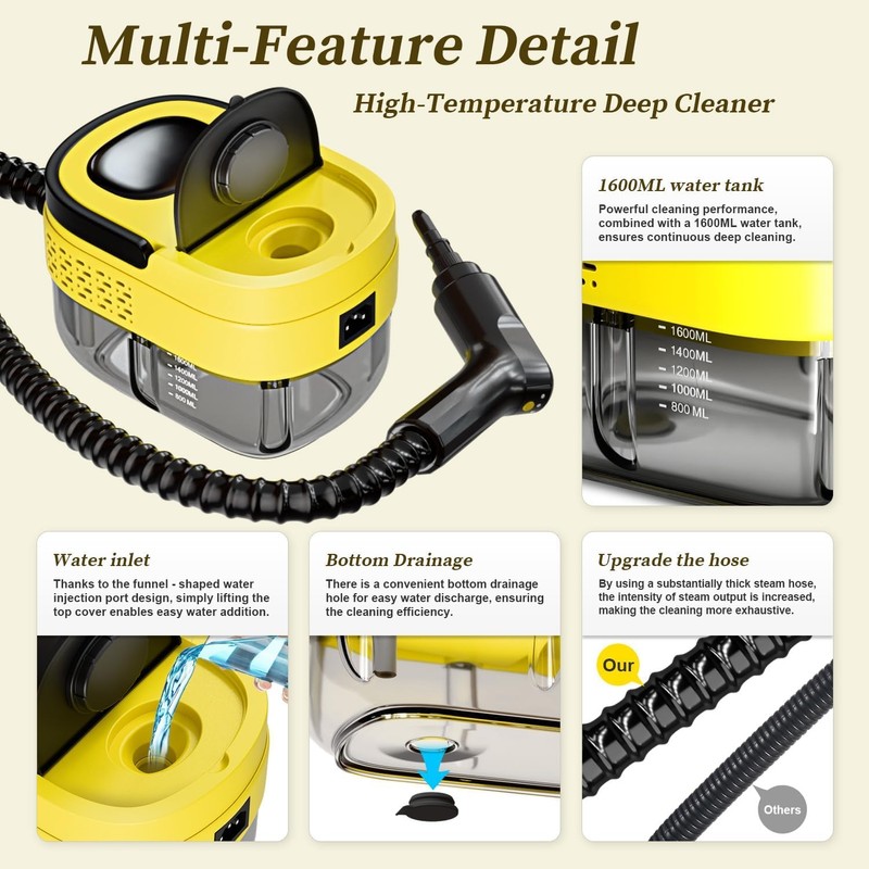 Steam Cleaner, 3-Level Adjustable Handle with 16 Accessories, Portable