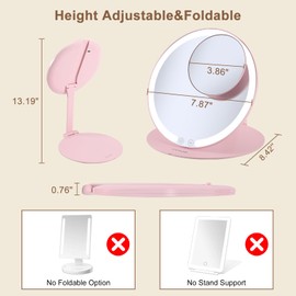Pink Vanity Mirror with Lights and Removable 10X mirror,extendable travel makeup mirror with angle & height Adjusting Stand,Rechargeable collapsible mirror with 3 Light Colors & Stepless Dimming