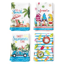 Arquiel Set of 4 Tea Towels Kitchen Towels Summer Beach Gnome Decorative 100% Cotton 48 x 70 cm Dry Towels Absorbent Gift Kitchen Spring Summer Decoration