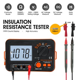 Digital Megohmmeter, Kethvoz 1000V Insulation Tester, Insulation Resistance 0.1MΩ-2GΩ with 250V/500V/1000V Test Voltage, Measure AC/DC Voltage Insulation Tester, Includes Measuring Tips Crocodile