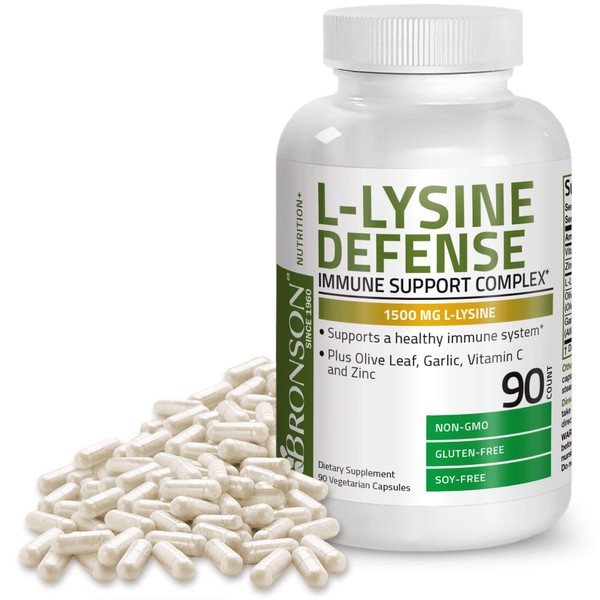 Bronson L-Lysine Defense Immune Support Complex 1500 MG L-Lysine Plus Olive Leaf, Garlic, Vitamin C and Zinc - Non-GMO, 90 Vegetarian Capsules