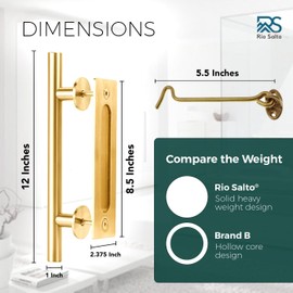 Rio Salto 12-Inch Gold Barn Door Handle Kit with Latch Lock Set Closet Door Handle Brass Finish Pull Handle Flush Handles Hardware Large Sliding Door Handles 1-Door (Gold - 1Pack w/Lock)