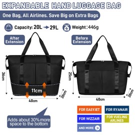 FIORETTO Designed for Ryanair Cabin Bags 40x20x25 Underseat Convertible Cabin Bag 45X36X20 for New Easyjet, Carry On Travel Weekend Overnight Duffle Hospital Bag Hand Luggage Bag for Women Men Black