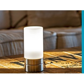 meineWunschleuchte Table Lamp with Touch Dimmer in Subtle Design - Glass Shade Opal White & Base Matte Nickel - New Touch Generation Suitable for LED