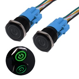 JIQI 2 x 19 mm Pressure Switch 12 V to 24 V 3 A Waterproof Latching Switch Made of Aluminium Alloy IP66 1NO1NC Pre-Wired Black On/Off Switch with Power Symbol LED for Motorcycle Boat Truck RV (Green)
