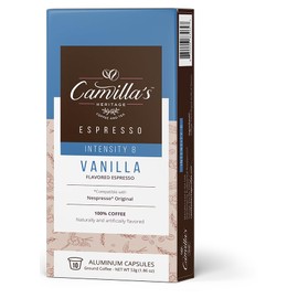 Camilla's Heritage Coffee, Espresso Cups, 60 Flavored Coffee Pods, Espresso Vanilla, Medium Roast, Intensity 8, Single Cup Aluminum Coffee Capsules, Compatible with Nespresso Original, Brews 1.35oz