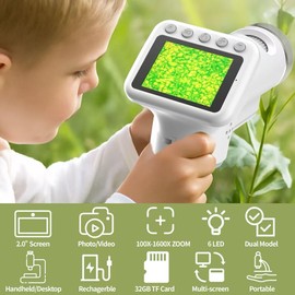 1600x Microscope for Kids, 2" Digital Screen Kids Microscopes, Handheld Pocket Microscope with Photo/Video, LED Light, 32GB, Slides, Rechargeable Portable Microscope for Boys Girls