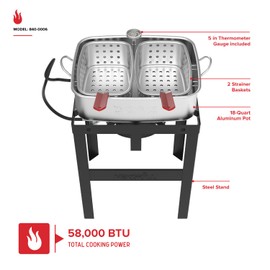 Nexgrill 18 QT Aluminum Fish Fryer with Crawfish Boiler Pot & Double Strainer Basket for Poultry, Seafood, and More, 58,000 BTU Outdoor Deep Fryer, Welded Steel Stand & Included Thermometer - 840-0006