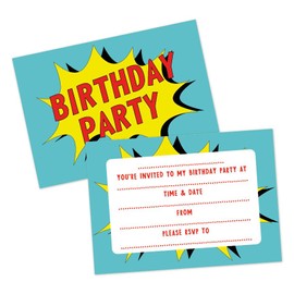 Manta Makes Party invitations for kids pack of 12, A6 comic superhero party invites birthday invitations for girls or boys, birthday party invitations pack, party invites - suitable for all children
