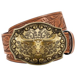 JasGood Western Leather Cowboy Belt for Men Women Longhorn Buckle Cowgirl Belt Floral Engraved Embossed Vintage Unisex Belt for Jeans, brown