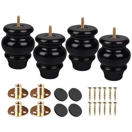 Btowin 3.6 Inch/ 9cm Solid Wood Furniture Legs, 4Pcs Black Turned Wooden Bun Feet with Threaded 5/16'' Hanger Bolts & Mounting Plate & Screws for Sofa Cabinet Ottoman Loveseat Recliner