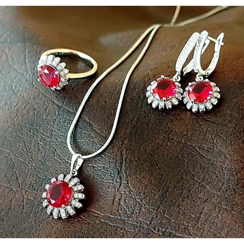 Dtup Collar, Anillo Y Aretes Rojo Rubí Oro Blanco Plata