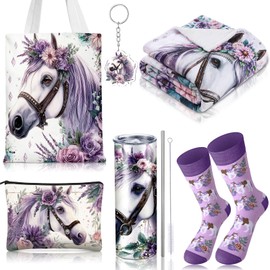 Tiangrid 6 Pcs Horse Gifts for Women Include 20 oz Stainless Steel Tumbler with Lid Straw Cosmetic Bag Throw Blanket Keychain Socks Handbag for Horse Lover