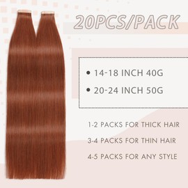 YDDM Tape-In Real Hair Extensions, 20 Pieces, 60 cm, 50 g, Dark Red Brown, Invisible Copper, Orange, Brown Tape Extensions, Real Hair Auburn Tape Extensions, Skin Weft Hair Extensions (24 Inches,
