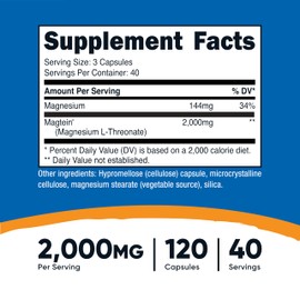 Nutricost Magnesium L-Threonate As Magtein 2000mg, 120 Capsules - Non-GMO, Gluten Free, Vegetarian Friendly