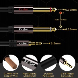 1/8 to Dual 1/4 Stereo Cable 75 Feet, 3.5mm TRS to 2 x 6.35mm TS Mono Y Splitter Audio Cord Adapter, Oxygen-Free Copper, OD:5.0MM, for PC, Mixer, Speaker, Home Stereo System with 5 Cable Ties