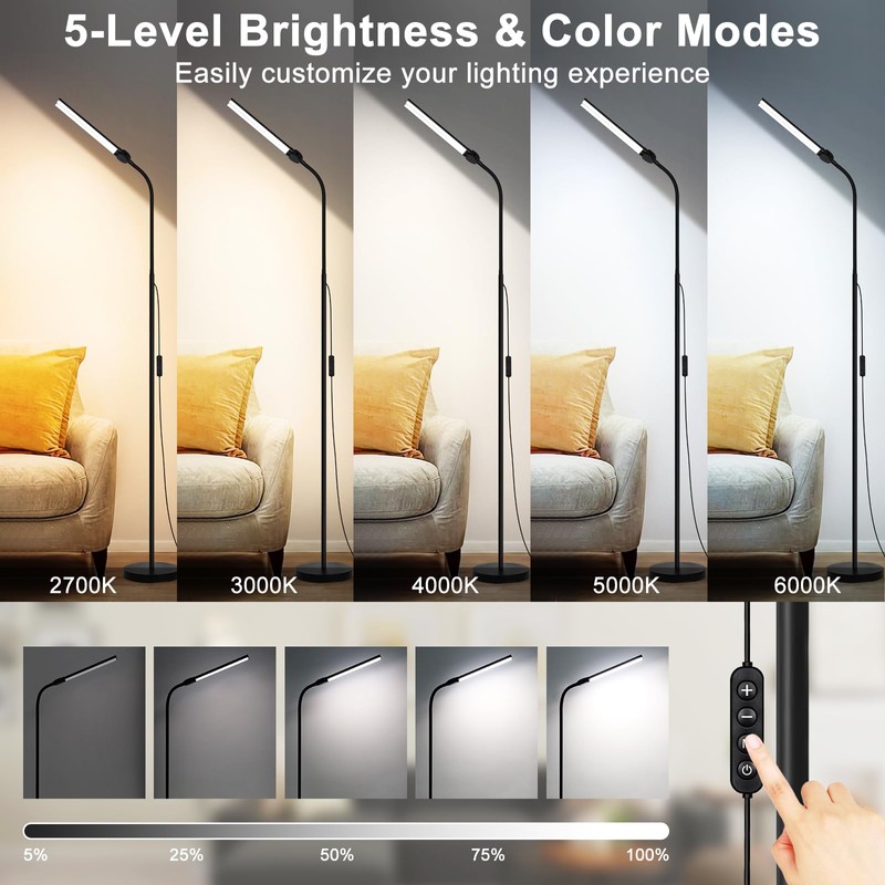 LED Floor Lamp, 18W/2000LM Bright Reading Floor Lamp for Office