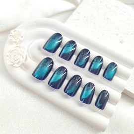 Oval Press on Nails Short Fake Nails with Gradient Designs Blue Nails Press ons Glossy Glue on Nails Artificial False Nails Daily Wear Simple Acrylic Nails Autumn Stick on Nails for Women 24Pcs