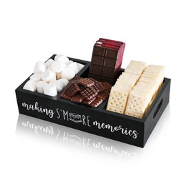 S'Mores Caddy, Farmhouse S’More Bar Holder with Cutout Handle, Wooden Smores Station, Smores Accessories Organizer, Smores Supplies Container Box, Smores Serving Tray (Black Large)