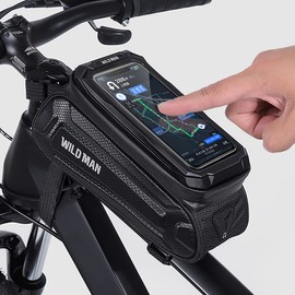 WILD MAN 1L Waterproof Bicycle Front Frame Bike Bag Top Tube Mount Bike Phone Holder with Touch Screen for Mountain Road Bike Cycling (SX3, Black)