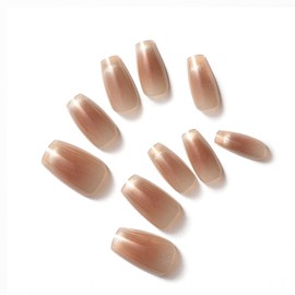 ClawArts French Style Coffin Press On Nails, Honey-Toned Cat's Eye Finish, Jelly Glue Sticker Included, No Liquid Glue or UV Light Required, Suitable for Office and Everyday Wear