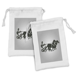 Ambesonne Retro Fabric Pouch Set of 2, Mythological Chariot Gladiator with Horse Traditional Greek Culture Image, Small Drawstring Bag for Toiletries Masks and Favors, 9" x 6", Dimgrey Black