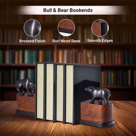 Bey-Berk Bull & Bear Bookends, Black – Bronzed Cast Metal with Burl Wood Base, Heavy-Duty Office, Desk & Bookshelf Stand