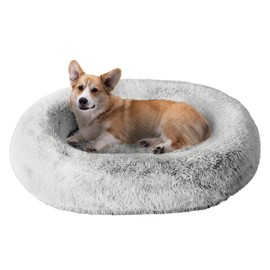 Cozzze Orthopedic Calming Dog Bed for Large Dogs, Anti Anxiety Pet Bed with Supportive Foam, Removable Washable Oval Bed, Fluffy Dog Cuddle Bed, Light Grey