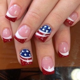 Short Press on Nails Square Independence Fake Nail Red White Stripe National Flag Design False Nails Pink Glue on Nails Glossy Glitter Full Cover Acrylic Nails Summer Stick on Nail for Women