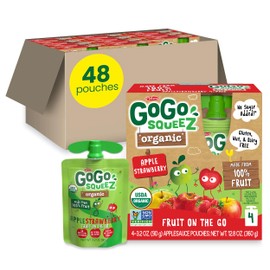 GoGo squeeZ Organic Applesauce and Fruit Puree Apple Strawberry, 3.2 oz (Pack of 48), Unsweetened Organic Fruit Snacks for Kids, Gluten Free, Nut Free and Dairy Free, Recloseable Cap, BPA Free Pouches