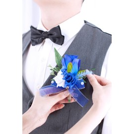 Floinla Royal Blue Corsage and Boutonniere Set for Wedding Prom, Artificial Rose Flower Homecoming Corsage Wristlet, Boutonniere for Men Wedding Suit Decor