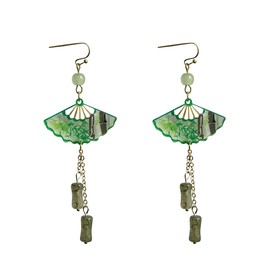 QIAOLEHUI Green Fan Tassel Earrings Acrylic Bamboo Cute Retro Ethnic Pretty Fan Sector Drop Dangle Earrings (Green)