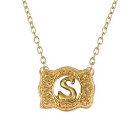 SENFAI 14K Gold Belt Buckle Necklace Western Style Initial Letter Pendant Necklace, Decorative Belt Buckle Frame Design (S)