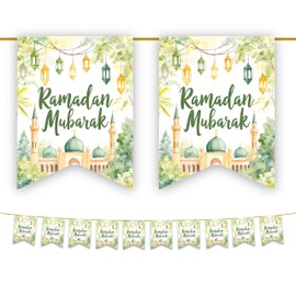 Ramadan Mubarak Bunting Decorations (Green & Gold Watercolour Mosque Design) - Ramadan Kareem Banner, Bunting Flags Hanging Decor for Home Domes Lanterns Moon