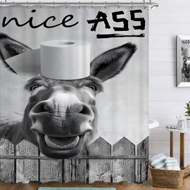 Famiffty Funny Donkey Shower Curtain 72Wx72L Inch Farmhouse Cute Animal Rustic Country Black White Wooden Planks Western Rural Print Bathroom Accessories Set Decor Waterproof Fabric 12 Plastic Hooks