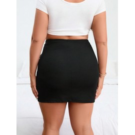 SOLY HUX Women's Plus Size High Waist Elastic Slit Sexy Stretch Fitted Bodycon Mini Skirts, Pure Black, 3X-Large Plus
