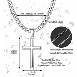 Adramata 925 Sterling Silver Cross Necklace for Men Women 5mm Stainless Steel Cuban Link Chain for Men Polished Silver Cross Pendant Chain Necklace Diamond-Cut Durable Mens Jewelry Gift 16-28 Inches