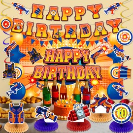 Dart Battle Birthday Party Decorations,Dart War Birthday Party Supplies Include Dart Gun Happy Birthday Banner and Backdrop,Hanging Swirls Streamers,Honeycomb Centerpieces for Boys Kids Birthday Decor