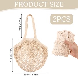 2Pcs Grocery String Bags, Reusable Cotton Mesh Net Produce Bag Eco-Friendly for Organic Fruits Vegetables Commodities Lightweight and Washable for Produce Shopping Outgoing Travel Beige Long Handle