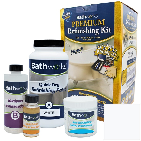 Bathworks DIY "Quick Dry" White Bathtub & Tile Refinishing Kit w/Non-Slip Protection; 22 oz; Fast 12 Hour Dry time; Tub; Tile; Wall Surround; Sink; High Gloss Resin Finish (White)