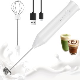 XSBAIHUO Milk Frother Handheld Rechargeable, Frother Wand Drink Mixer Electric Whisk for Coffee, Detachable With 2 Stainless Whisks, Hand Mixer for Lattes, Matcha, Egg(White)