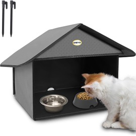 Dreyoo Outdoor Cat Feeding Station for Food & Water, Weatherproof Outdoor Kitty Dining Room Cat Shelter for Stray, Feral Cats and Community Cats, 13”d x 17”w x 15.5'h(1 Pack,Dark Grey)