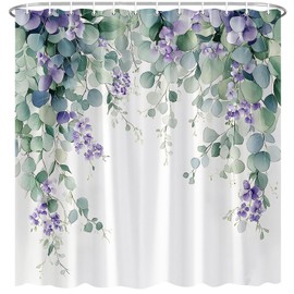 Purple Floral Shower Curtain Sage Green Eucalyptus Watercolor Plant Leaves Flower Bath Decor Polyester Fabric Curtains 70X70 Inch
