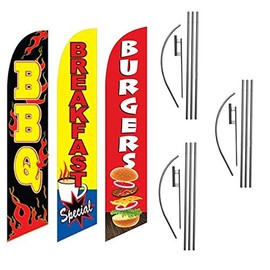 BBQ Breakfast and Burgers Outdoor Advertising Signs. 3 Pack of Feather Banner Swooper Flag Kits with Ground Stakes. Telescopic Poles and Mount Included.