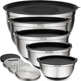 Mixing Bowls with Airtight Lids - 8PCS Stainless Steel Nesting Mixing Bowls Set with 3 Grater Attachments & Non-Slip Bottoms, Black Kitchen Bowls, Sizes 5, 4, 3.5, 2, 1.5QT for Baking & Kitchen Gift