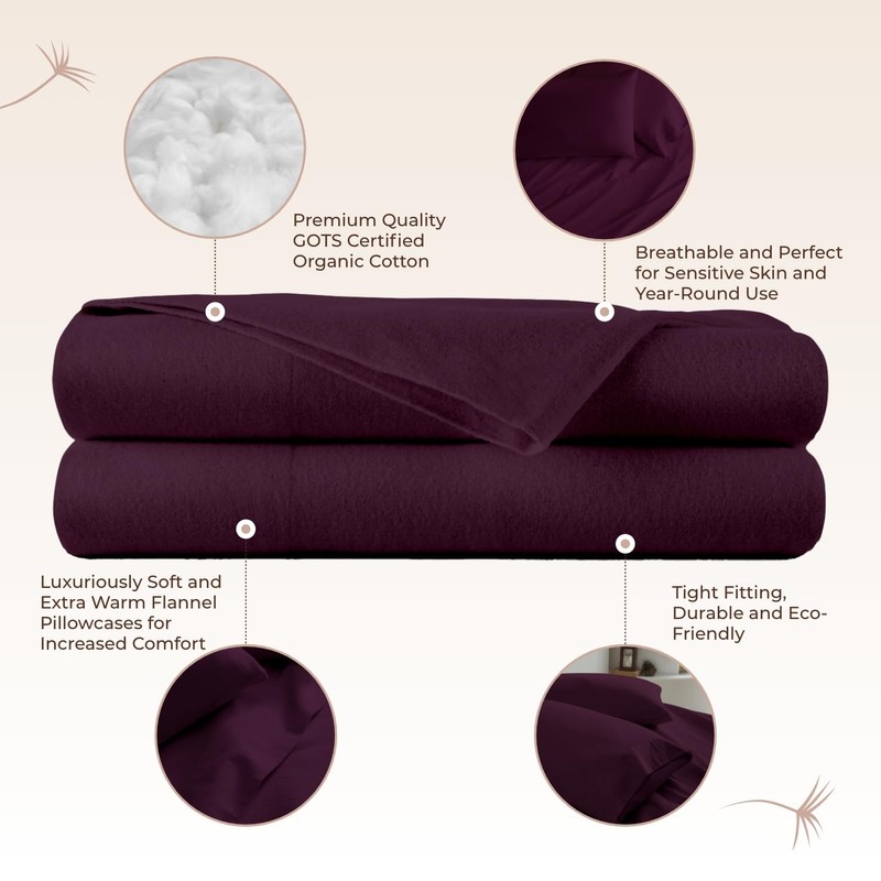 Whisper Organics Organic Cotton Flannel Pillow Case Set (Queen, Aubergine)