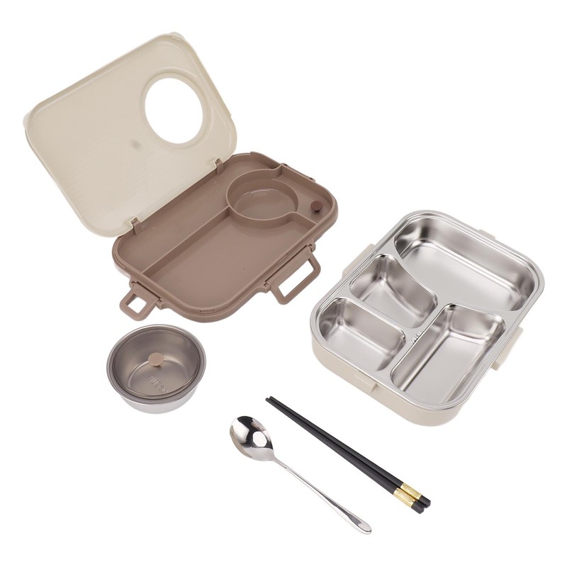Stainless Steel Lunch Box with Soup Bowl Spoon Chopsticks Beige