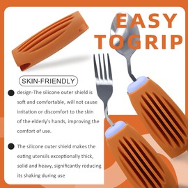 Ehucon Thick Solid Weighted Adaptive Utensils Set, Non-slip Handle Eating Spoon and Fork for Hand Tremors, Arthritis, Parkinsons, Elderly, Adults Use (Purple and Brown, Right Hand Spoon and Fork)