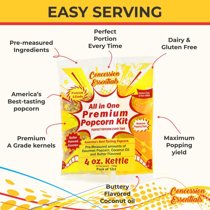 Concession Essentials 4oz Popcorn Portion Packs – Pre-Measured Kernels, Oil